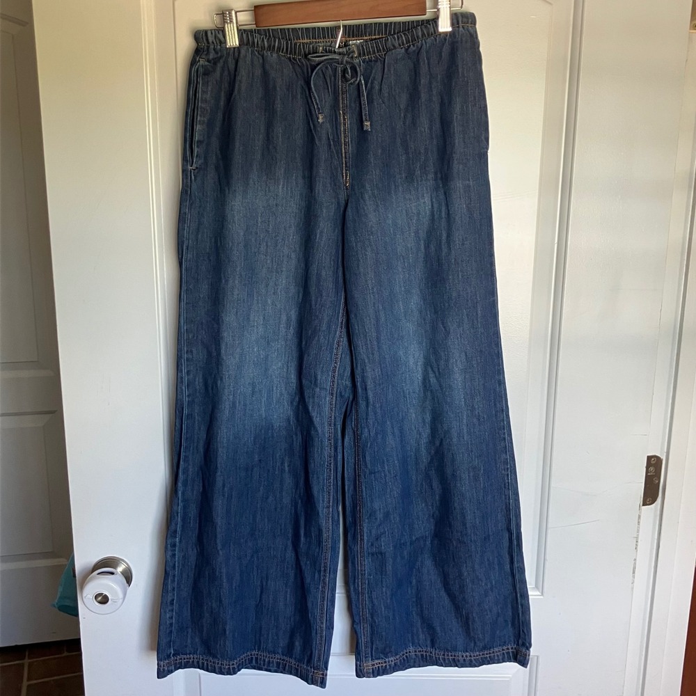 H&M Divided Wide Leg Denim Pants Blue Medium Wash Elastic Waist Drawstring Small